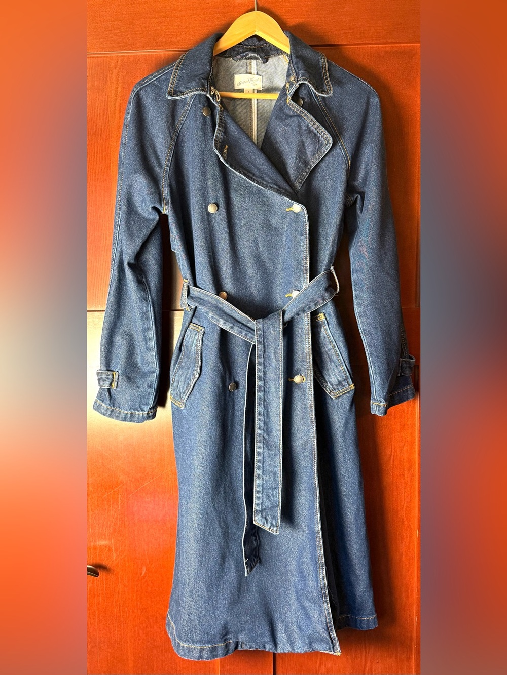 Universal Thread Dark Wash Denim Trench Coat Belted Longline Jacket Size Small